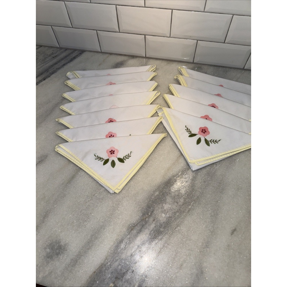 Vintage Hankercheif Napkins White Appliqué Pink Flower Yellow Border Set of 12 - Picture 4 of 8